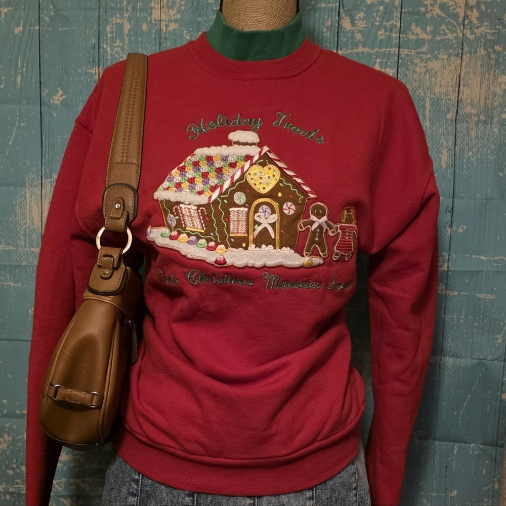 Vintage Christmas Sweater Womens, Embroidered Gingerbread House and Gingerbread